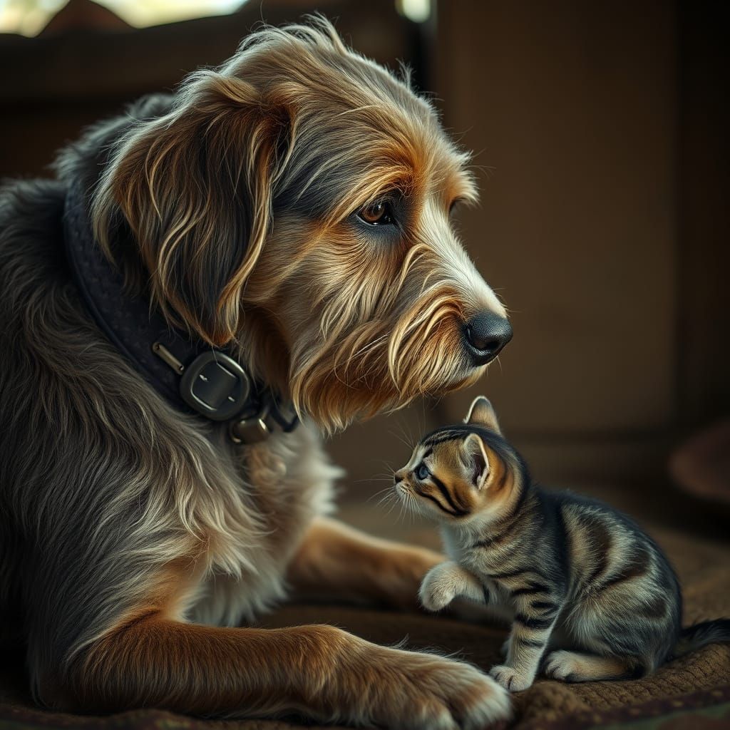 Elderly Dog Guards Kitten in Nostalgic Film Still