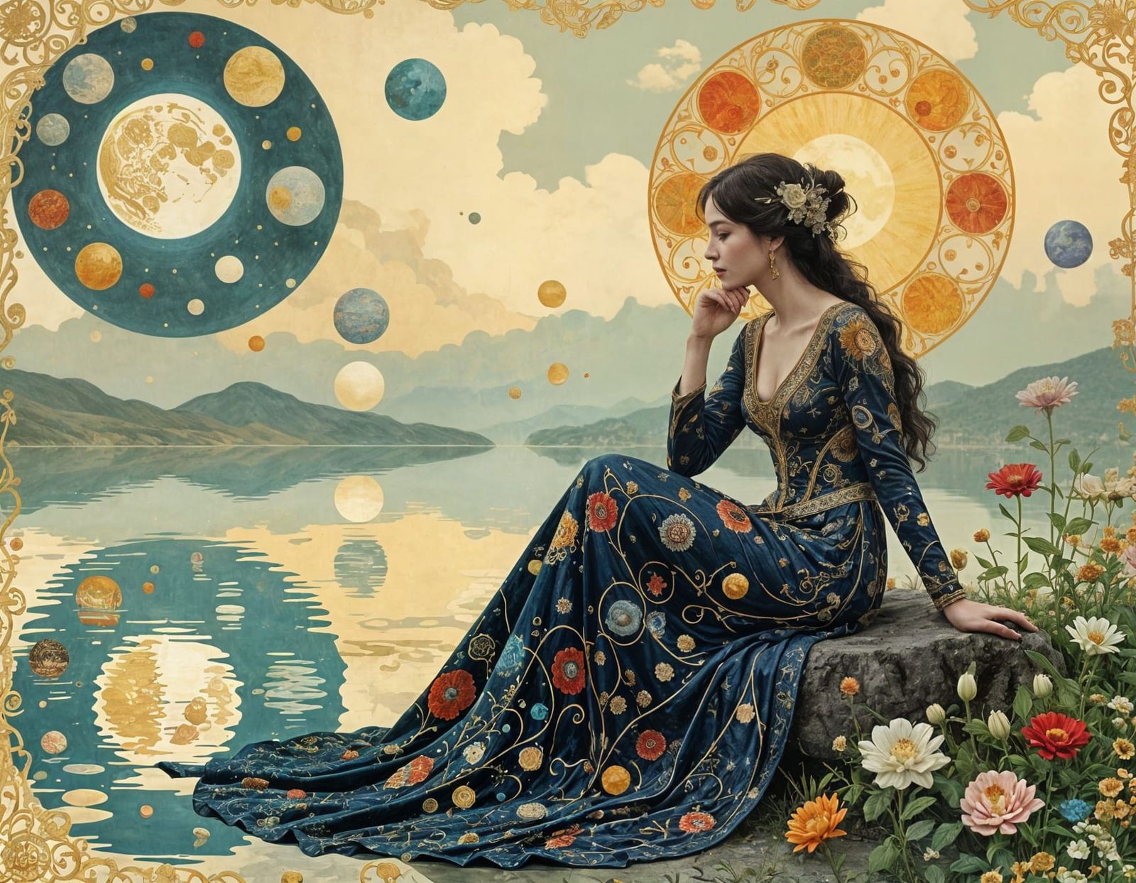 Surreal Woman on Oniric Planet in Klimt Style