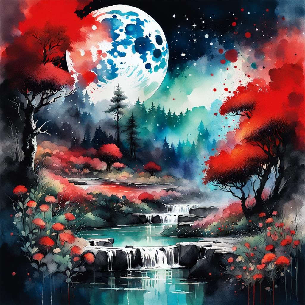 Lush Moonlit Landscape with Waterfalls in Watercolor