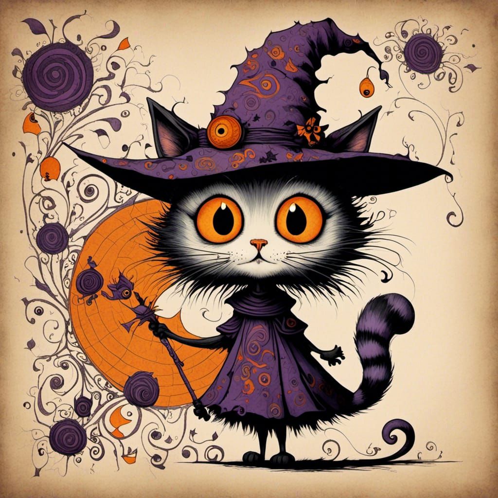 Surreal Halloween Witch Cat Illustration