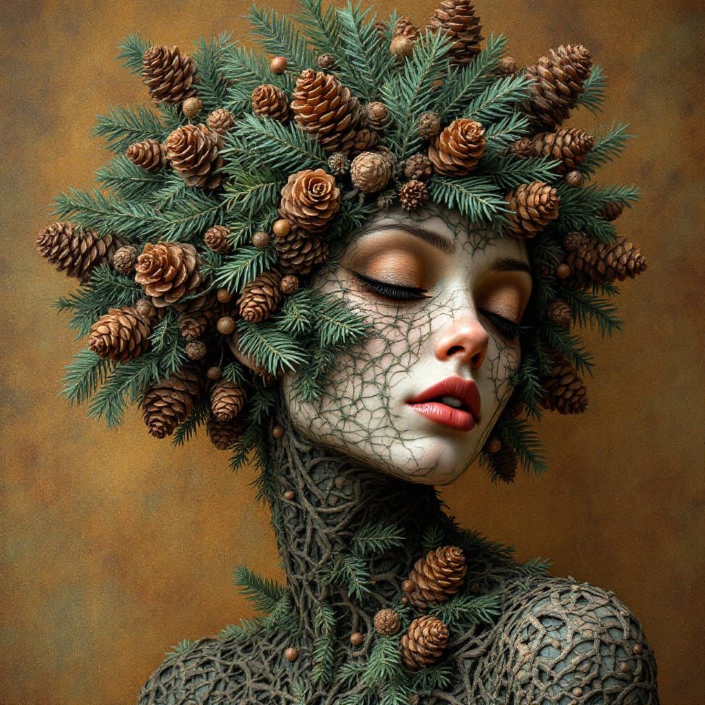 Surreal Pine Cone Sculpture of Woman in Forest Setting