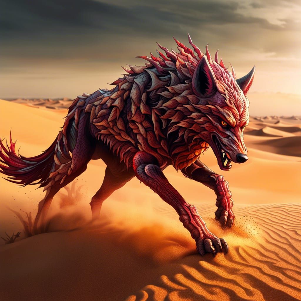 Ferocious Blade Wolf Emerges from Desert Dune: Anime Art