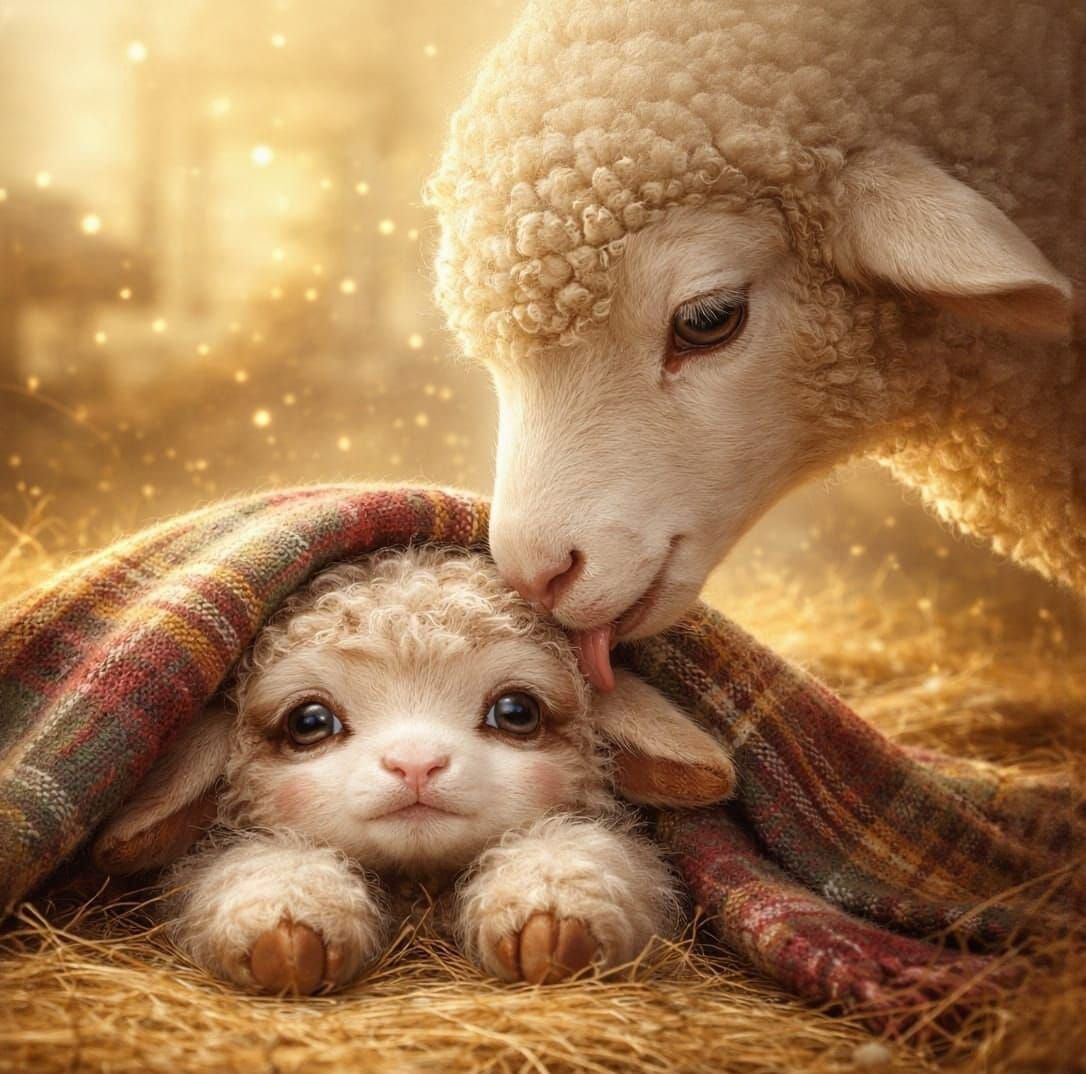 Cute Sleepy Lamb Under Tartan Blanket