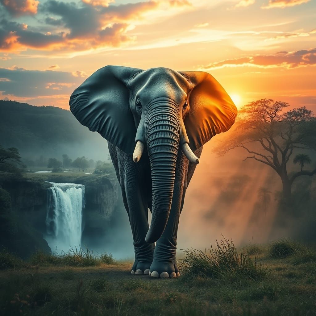 Elegant Elephant in African Sunset Landscape