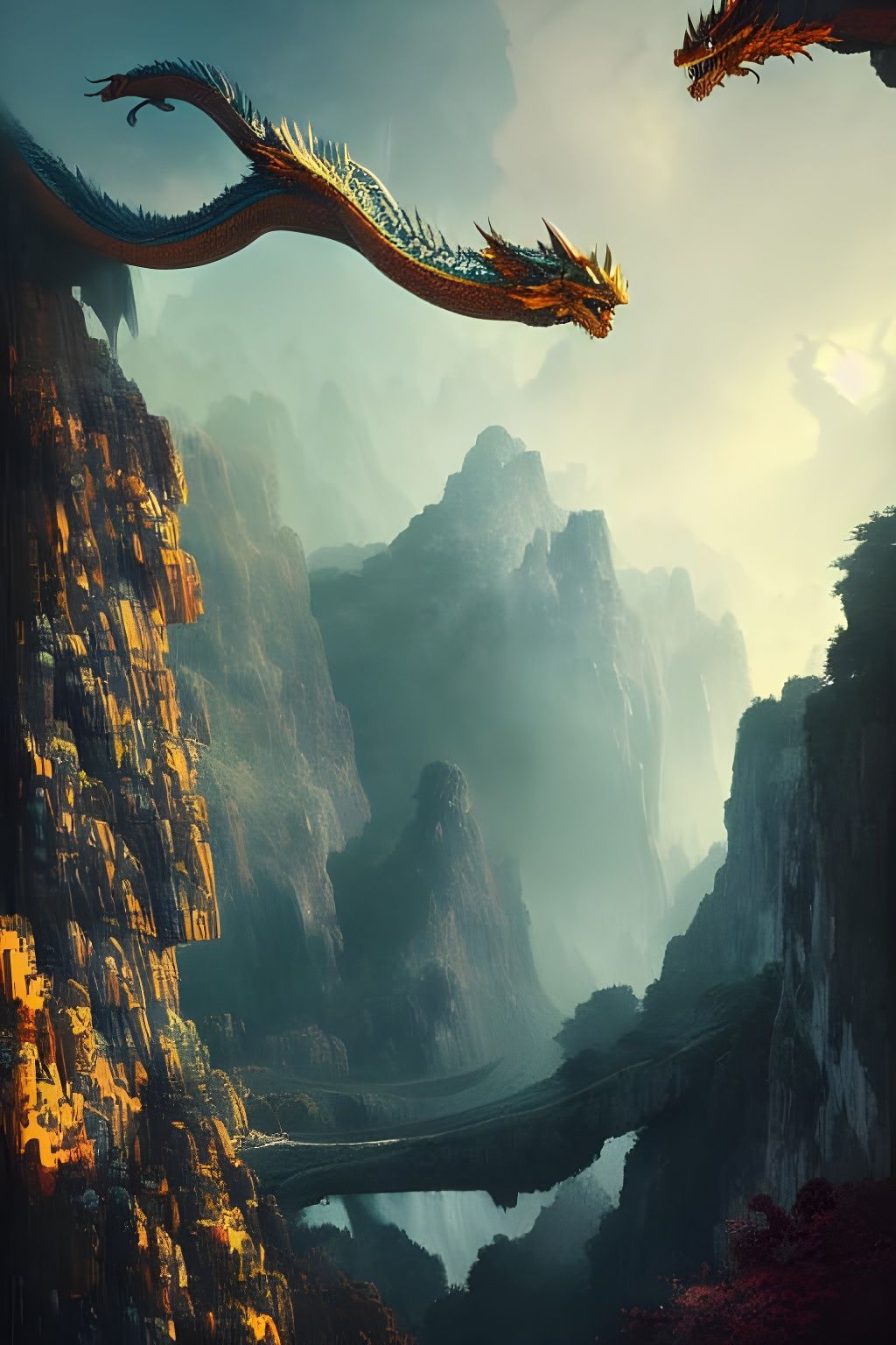 Fantasy Landscape with Dragon: Digital Illustration