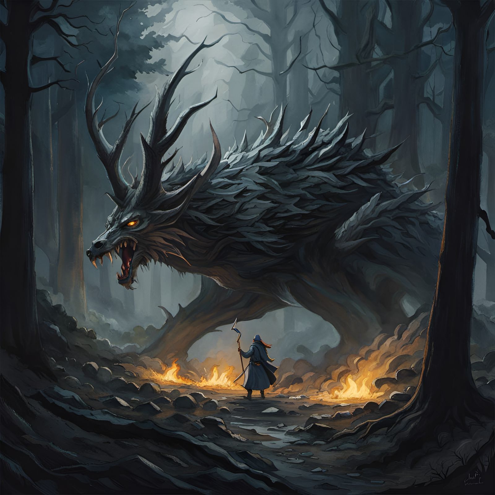 Wendigo Lurking in Dead Forest, Digital Watercolor