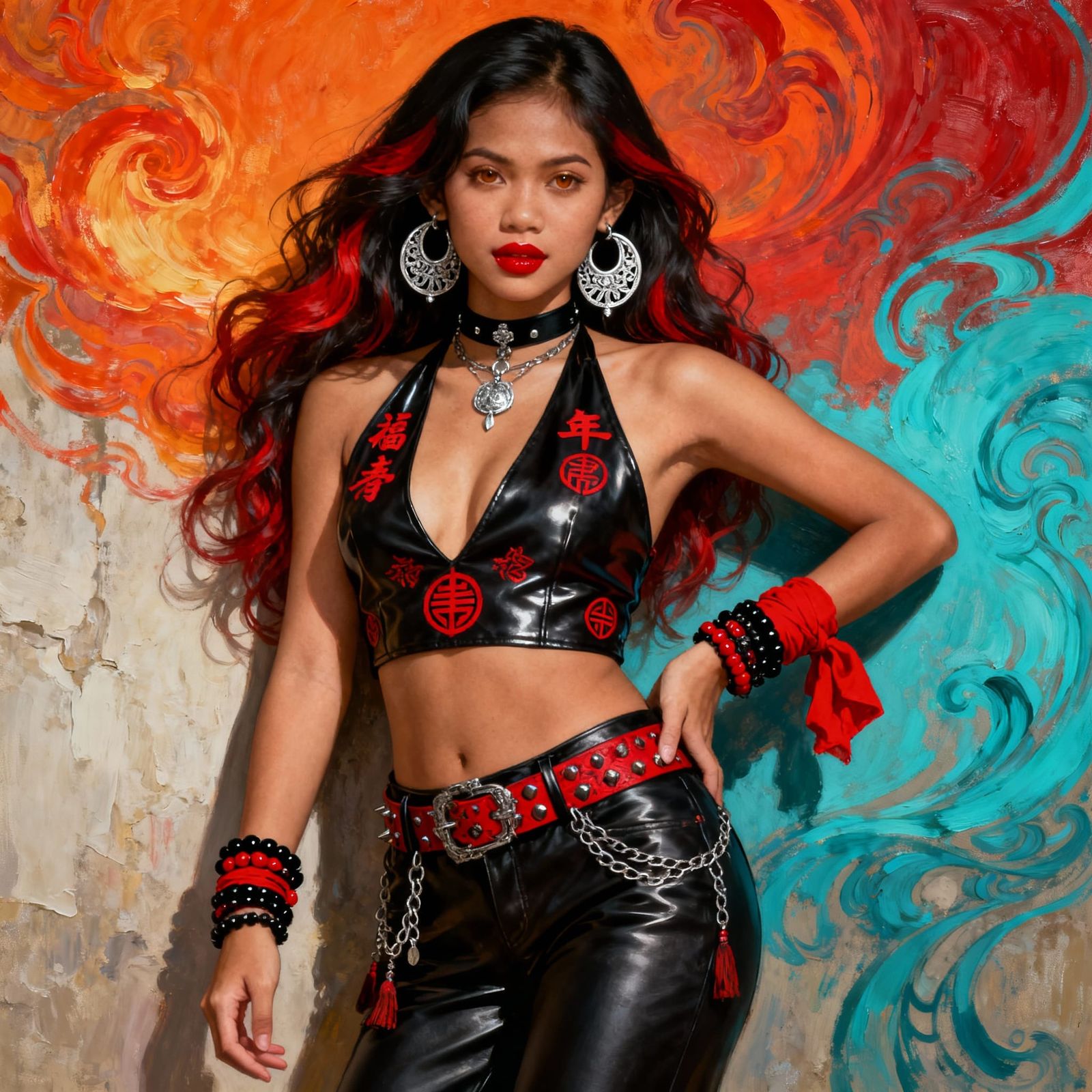 Filipina Woman in Fiery Abstract Art Style