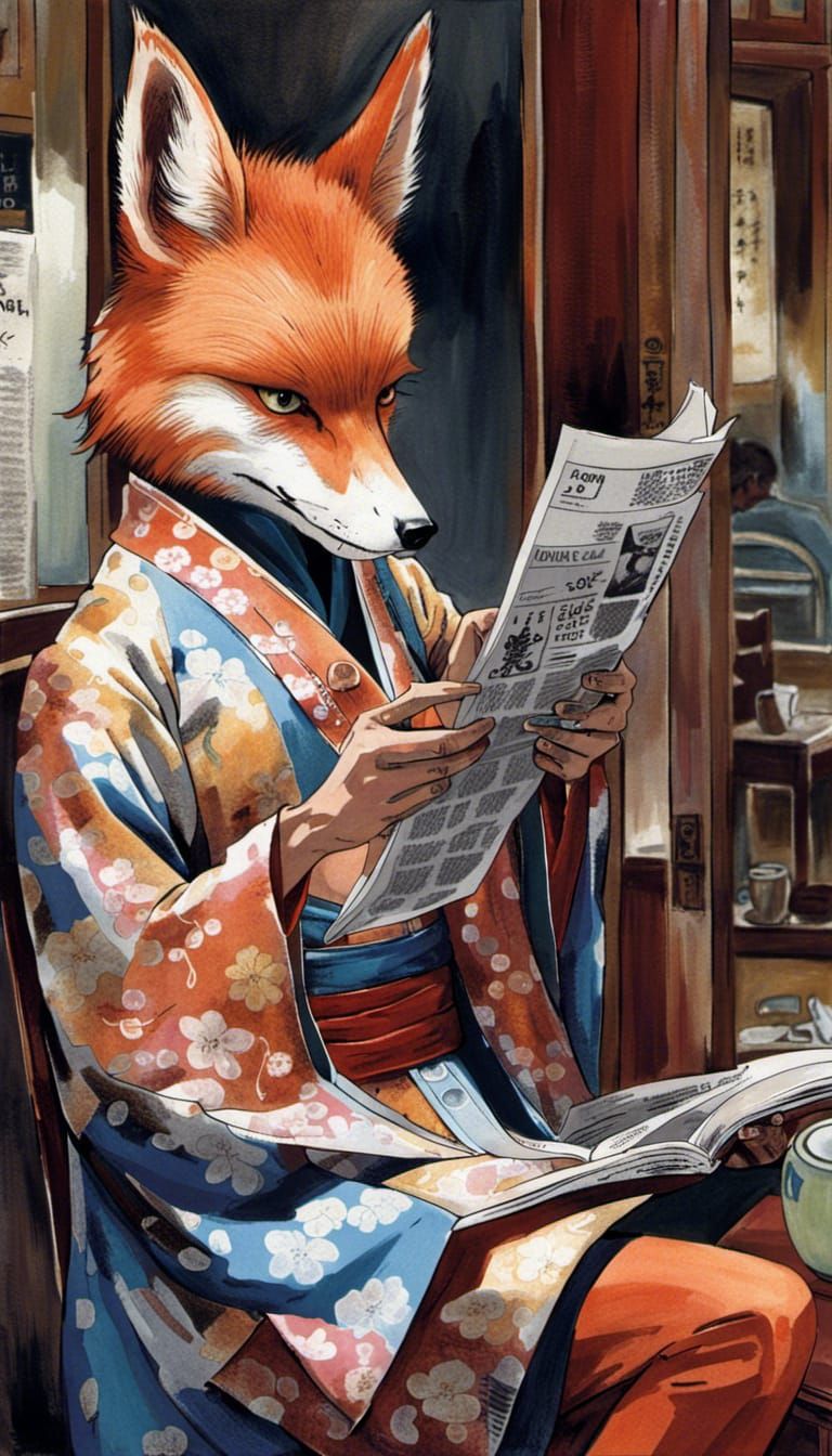 Kitsune Fox Man in Kimono at Cafe