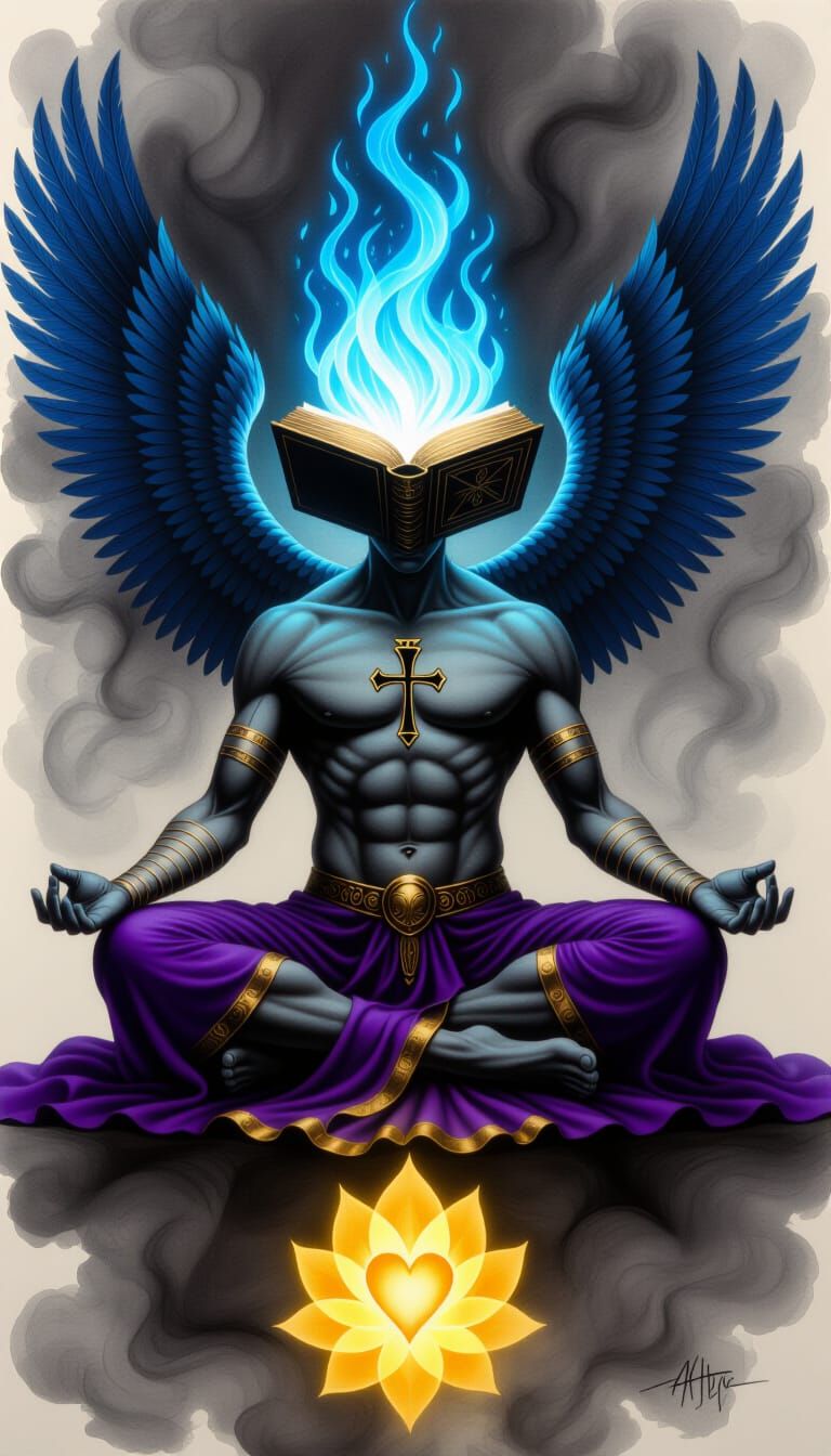 Mythological Figure with Book Head in Cosmic Charcoal Art