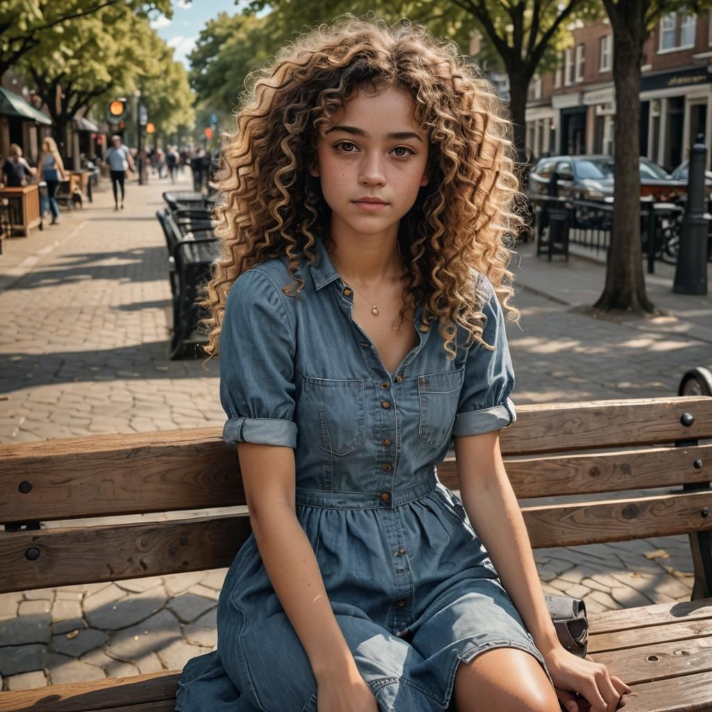 Girl on Park Bench in Art Nouveau Style