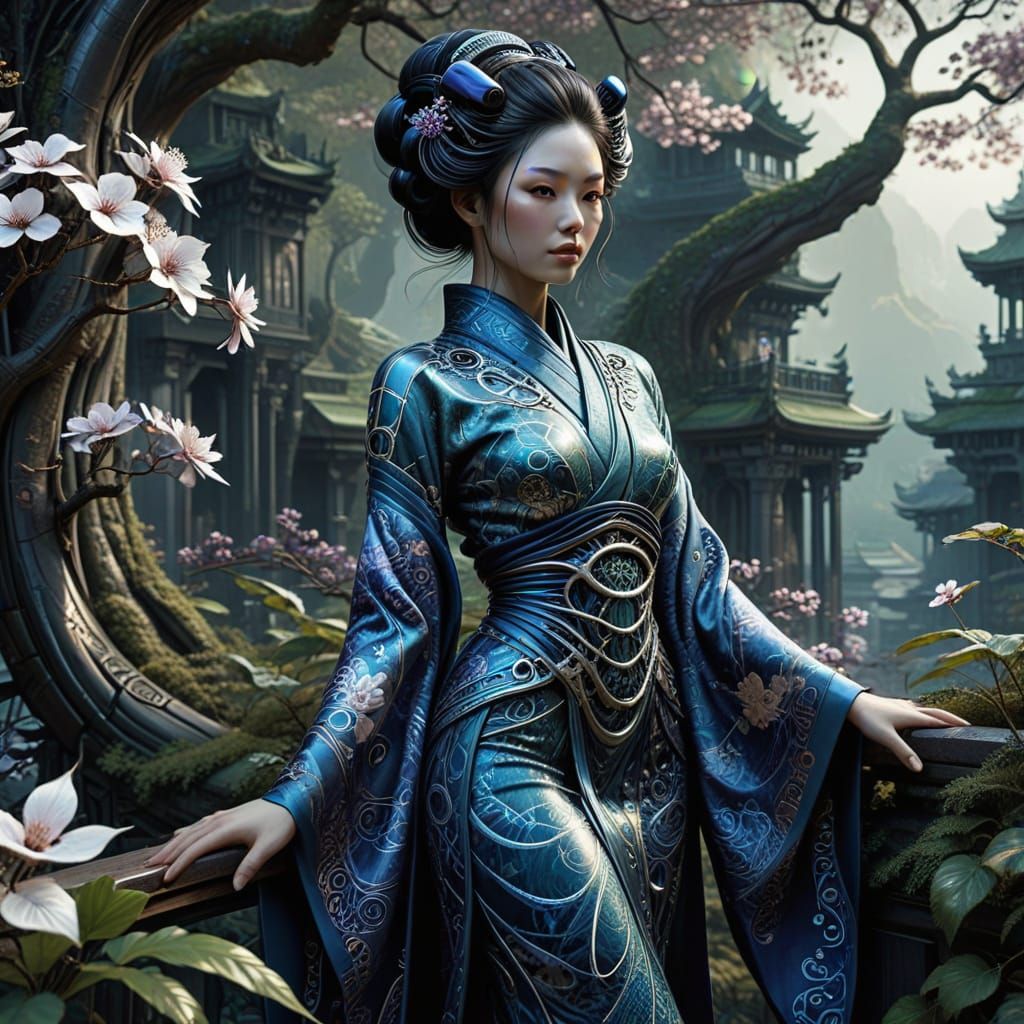 Surreal Geisha in Shimmering Japanese Landscape with Intrica...