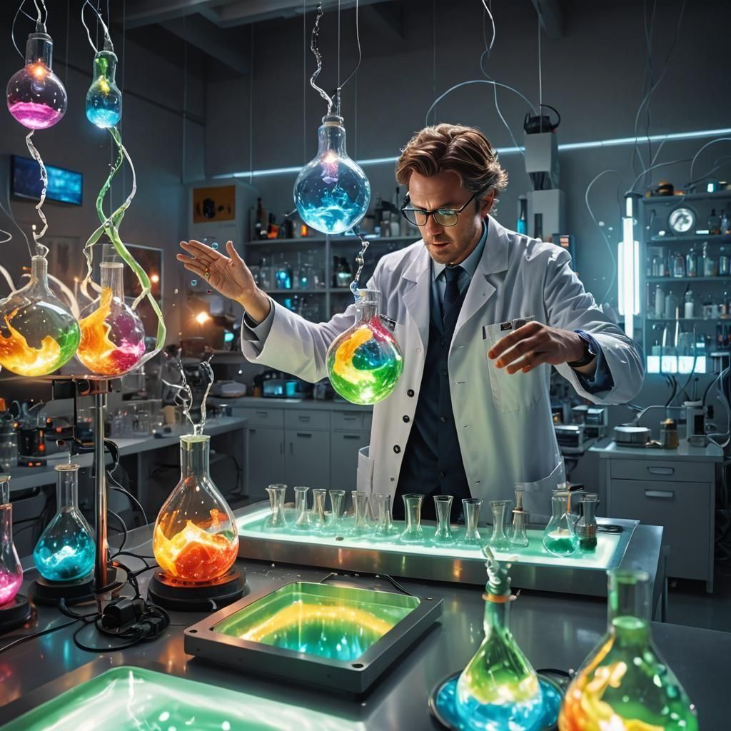 Hyperrealistic Scientist Observing Liquid Lighting Experimen...