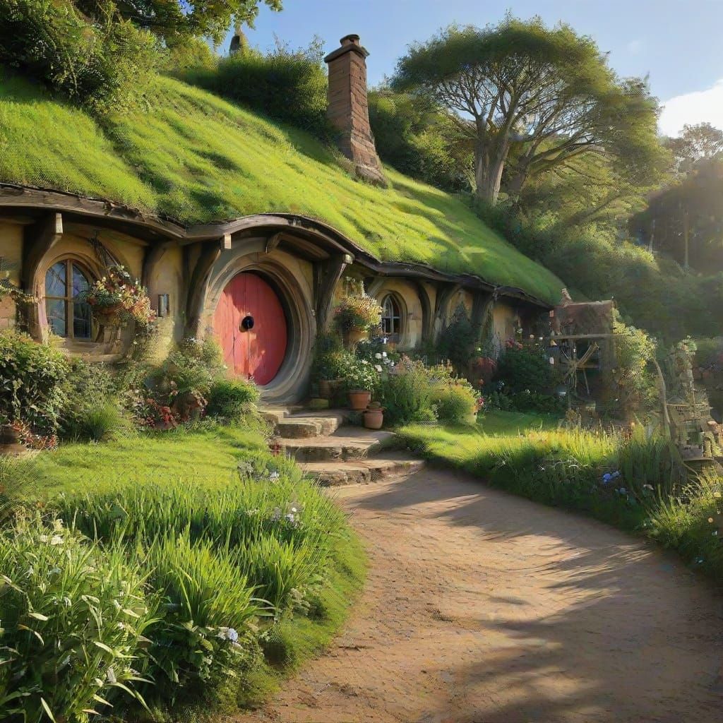 Whimsical Hobbiton Cottage in a Peaceful Borderlands Scene