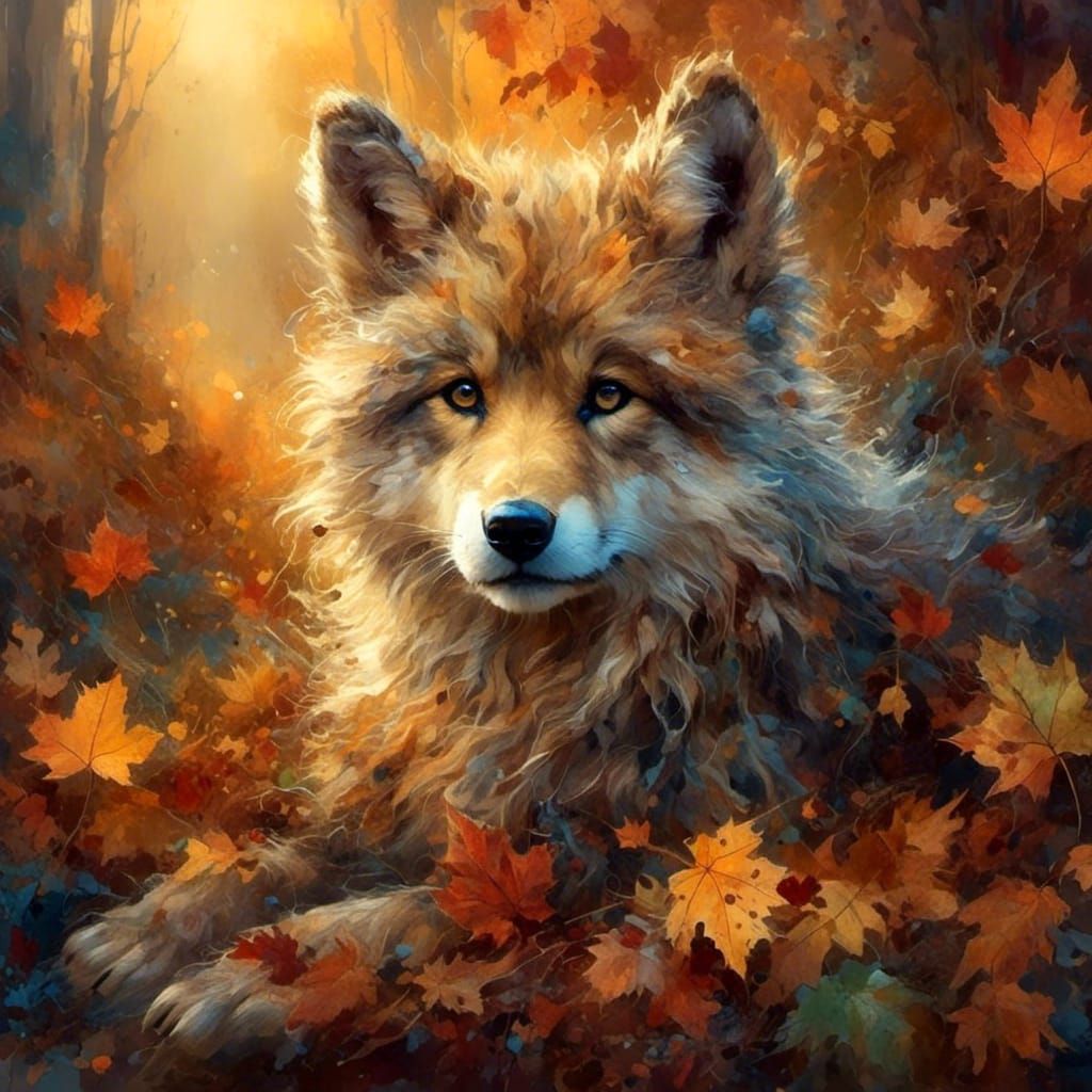 Cute Wolf Cub in Mystical Autumn Meadow