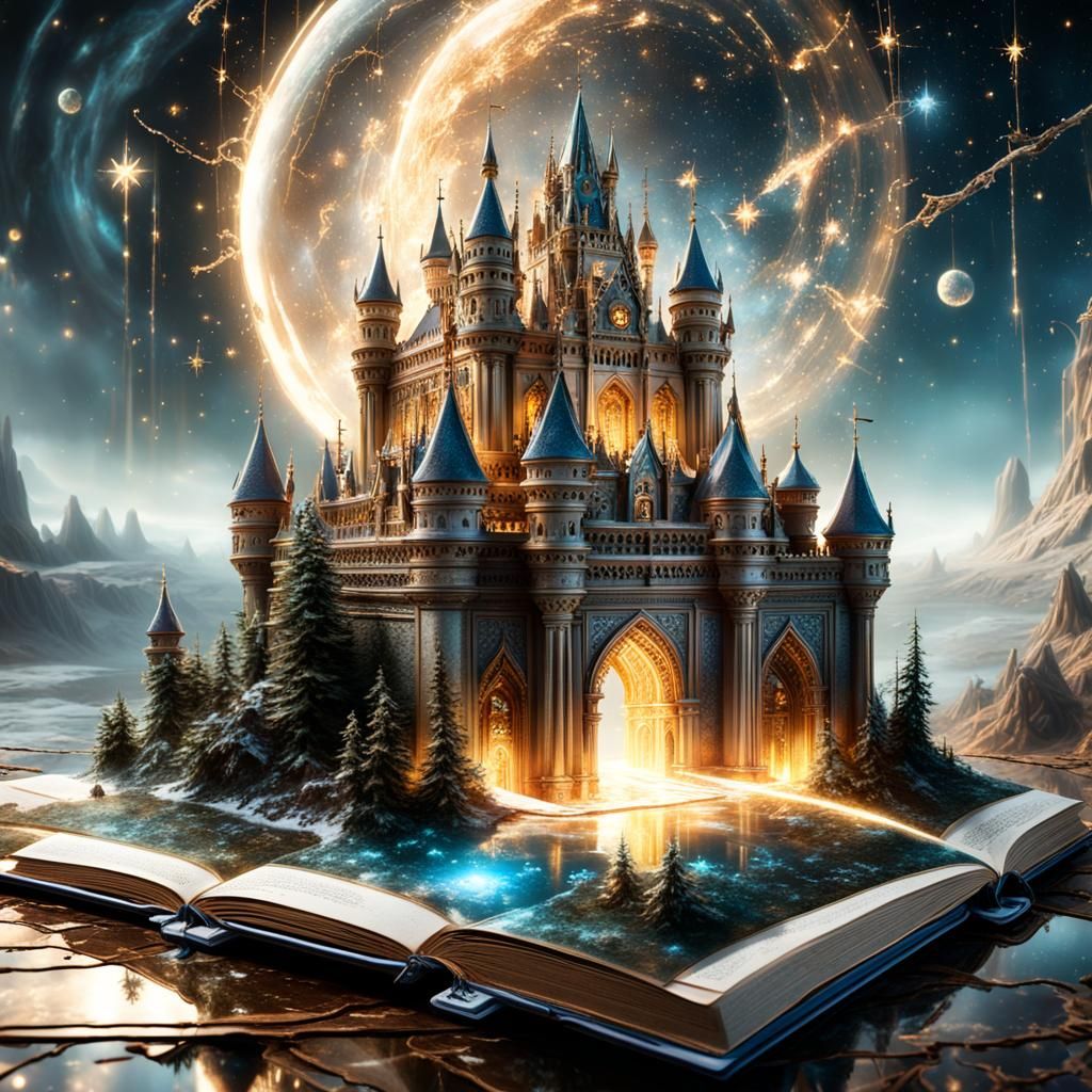 Magical Grand Castle Emerges from Book, Digital Art