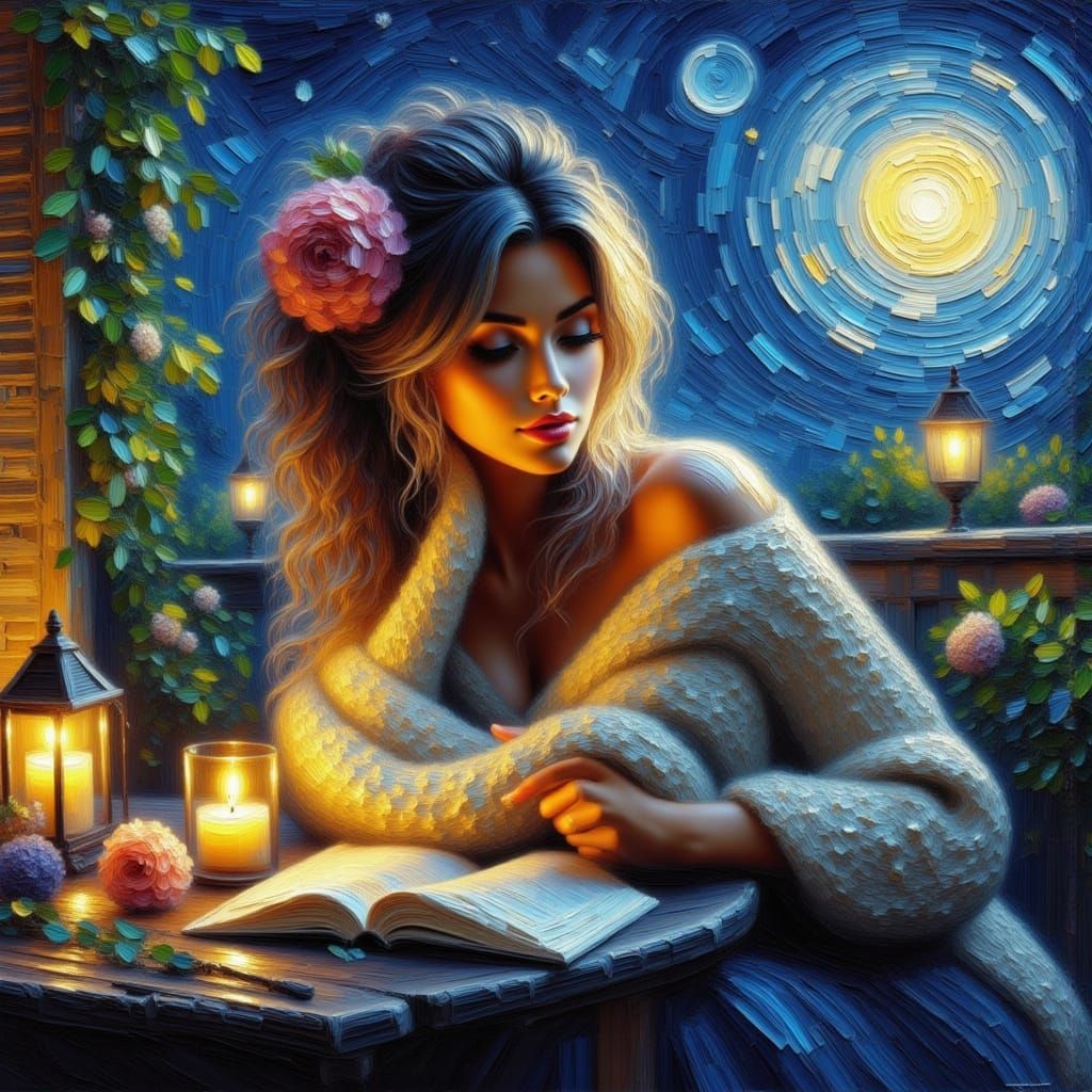 Woman Reading Letter by Candlelight in Garden