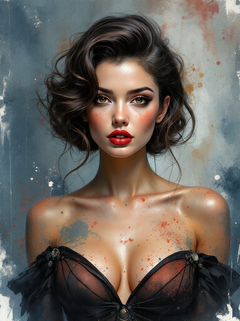 Pin-Up Woman in Smoky Watercolor Style