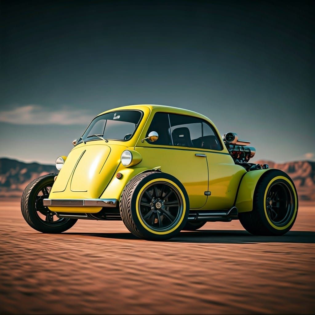 Futuristic Yellow Isetta Hotrod Cruises Badlands Landscape