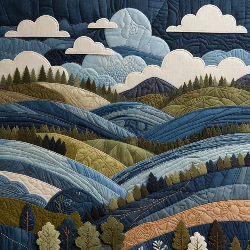 Textile Landscape Art: Hills, Trees, and Sky Made of Fabric