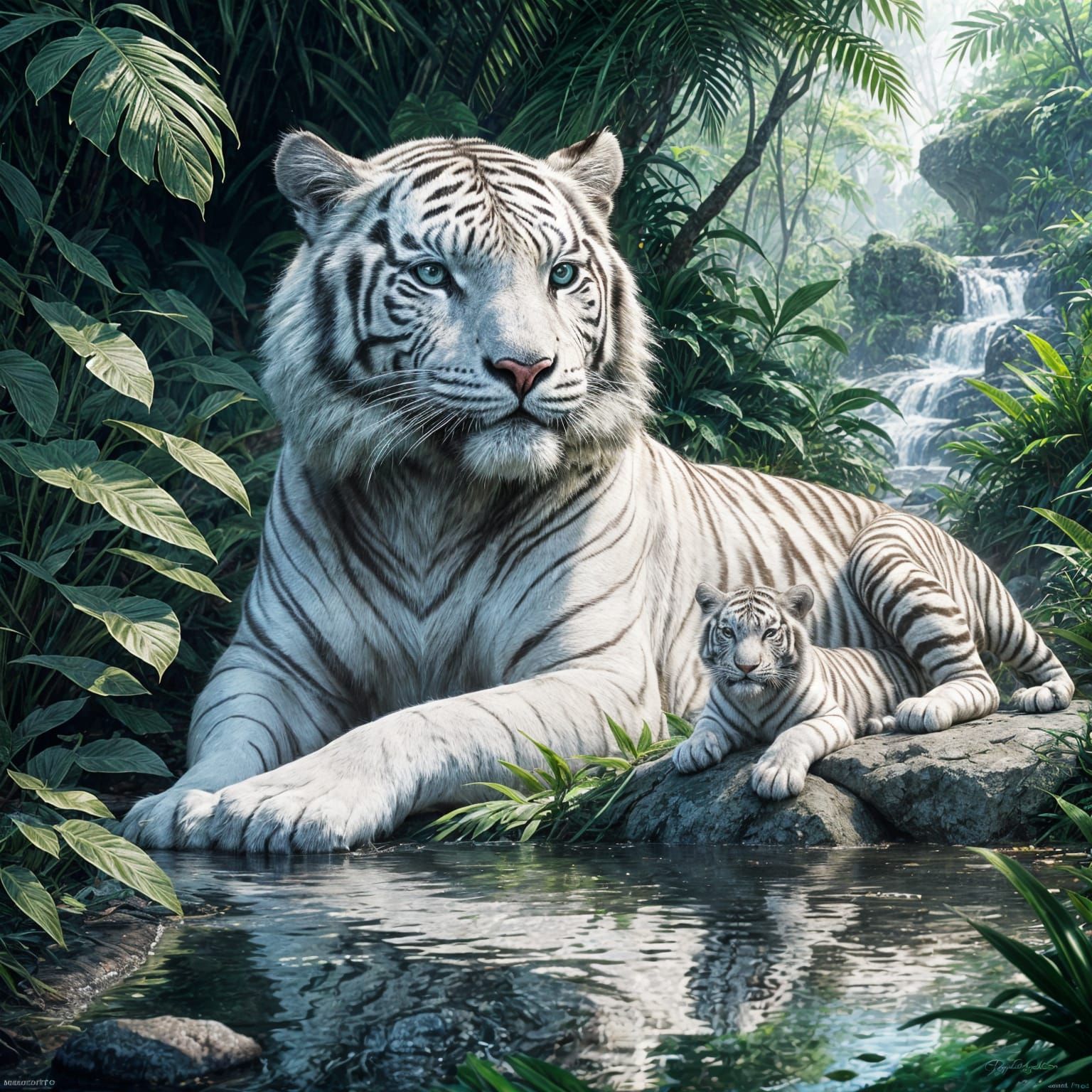 Majestic White Tiger and Cub Portrait in Jungle Oasis