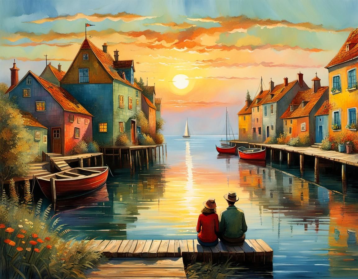 Sunset Couple on Dock: Whimsical Illustration