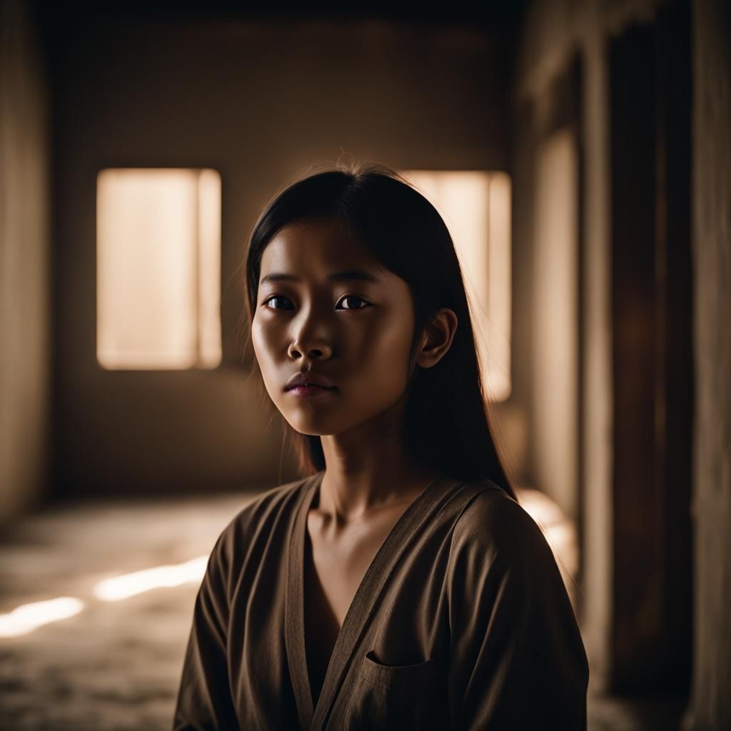 Contemplative Indonesian Girl in Dark Room