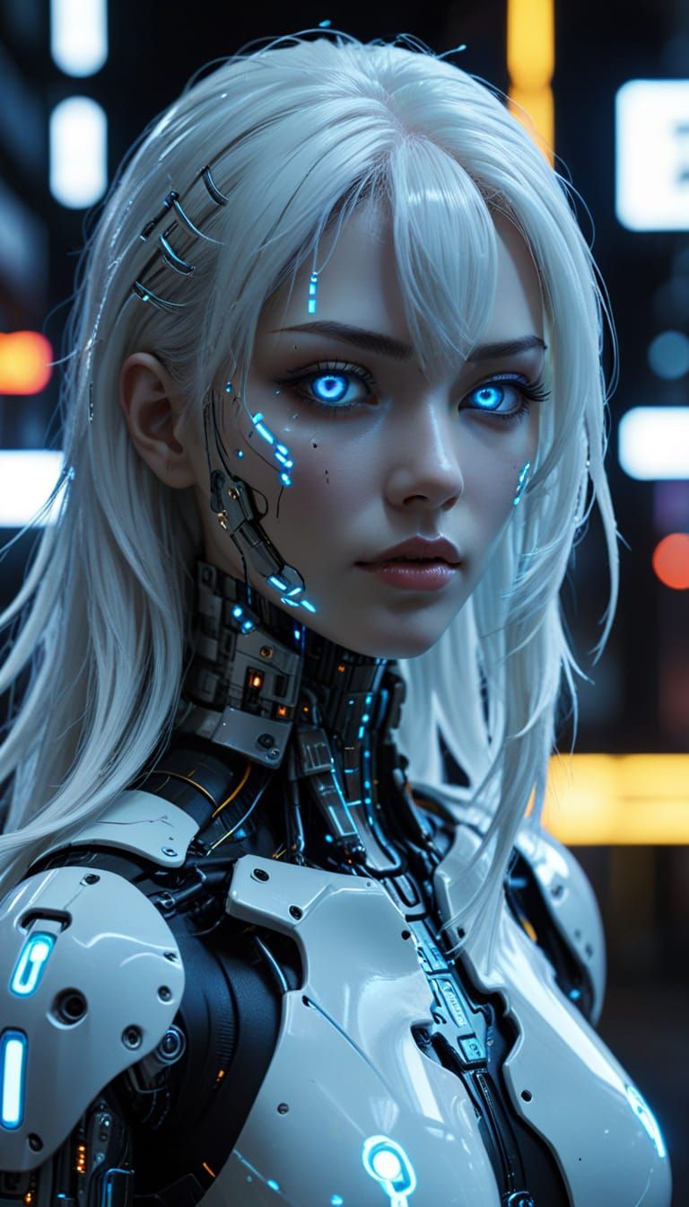 Cyberpunk Gynoid with Glowing Blue Eyes