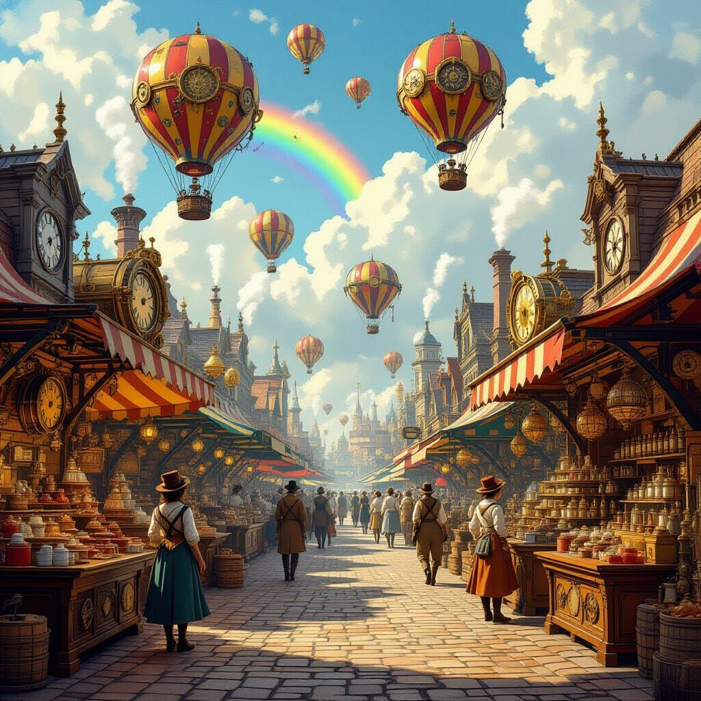 Victorian Marketplace with Clockwork Creatures and Hot Air B...