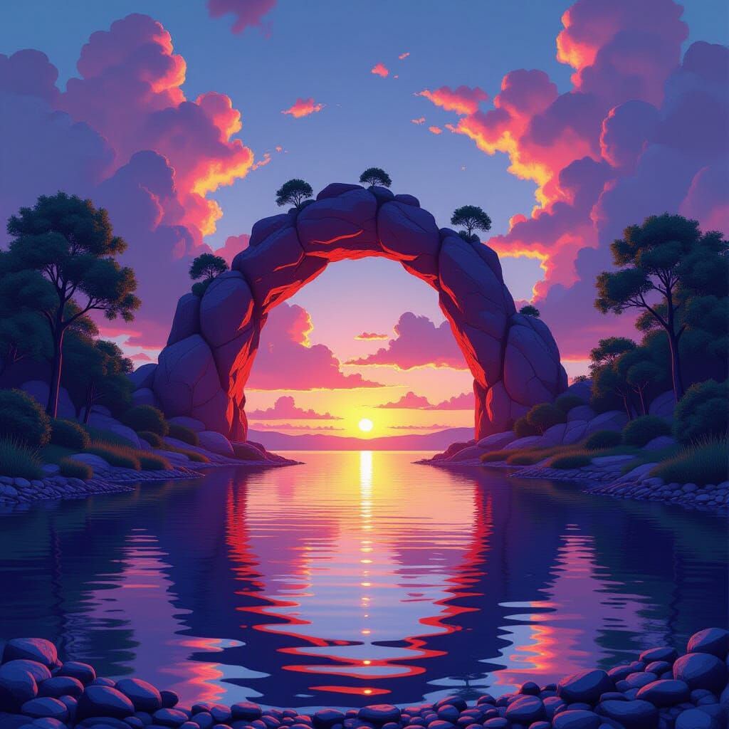Surreal Arch Rock Formation at Vibrant Sunset