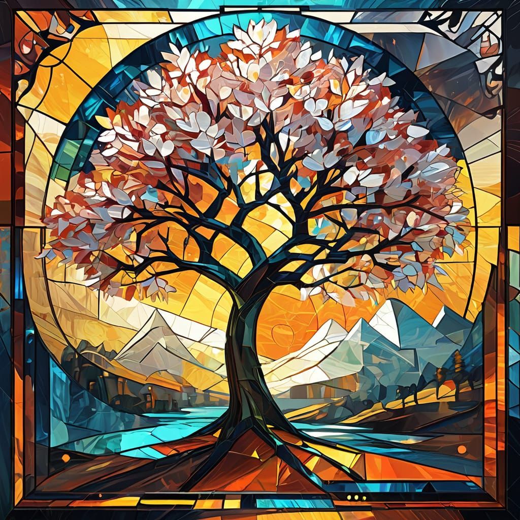 Cherry Tree Fractal in Stained Glass Style
