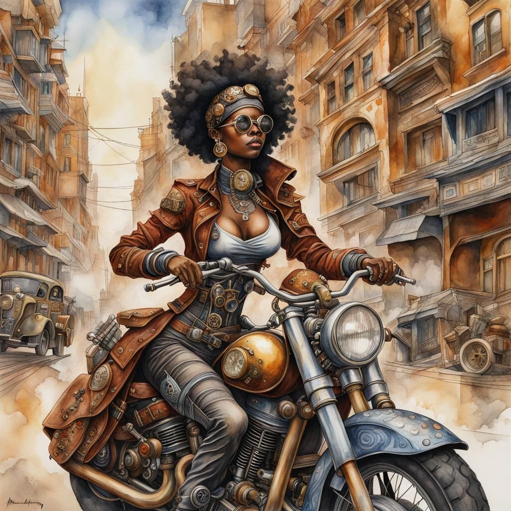 Steampunk Woman in Afrofuturist Cityscape Watercolor Paintin...