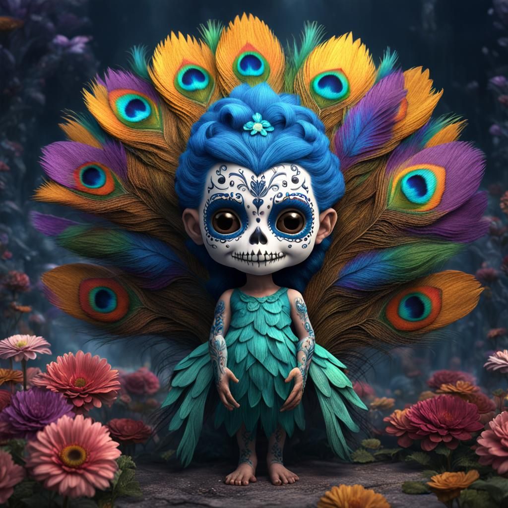 Hyperrealistic Sugar Skull Troll with Peacock Features