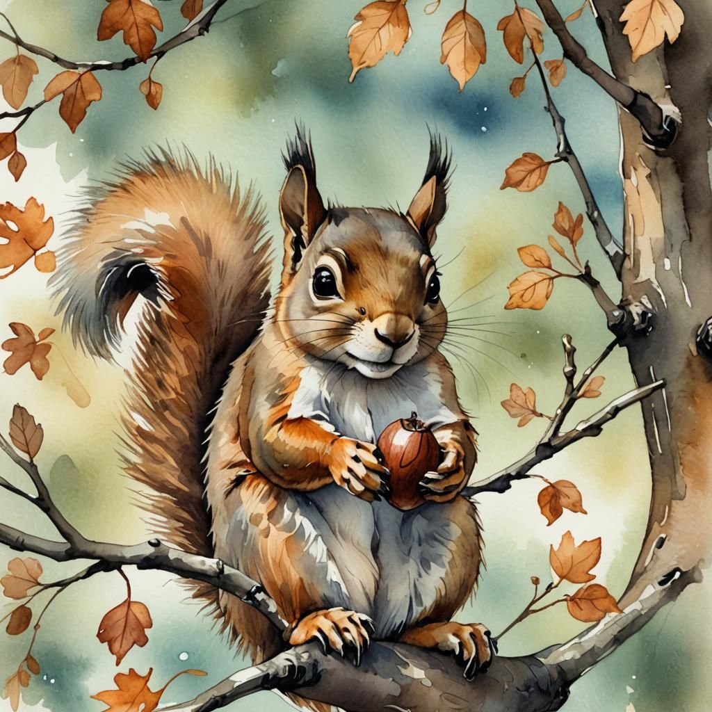 Whimsical Squirrel Watercolor Illustration with Acorn
