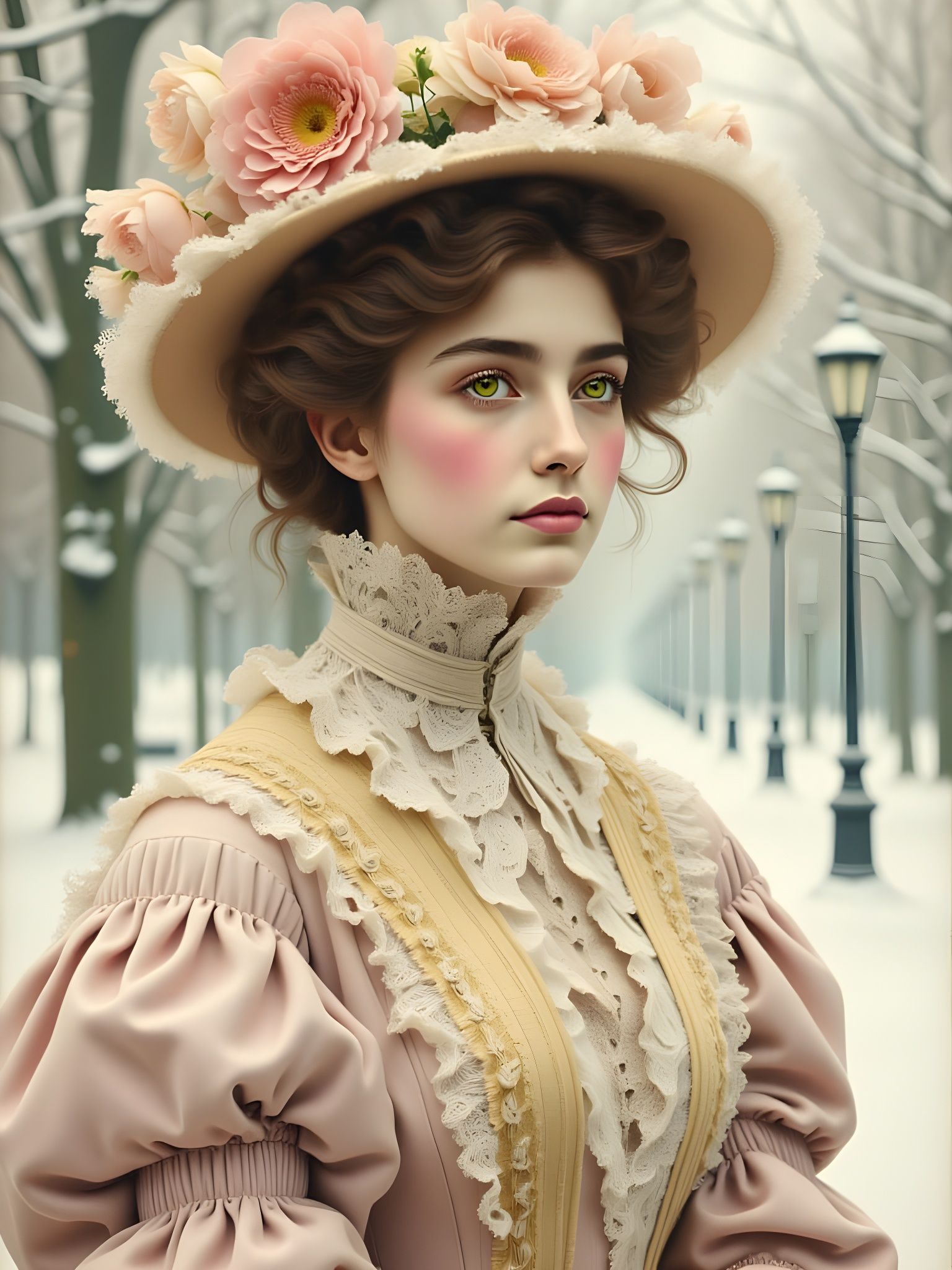 Edwardian Gibson Girl in Pastel Winter Attire