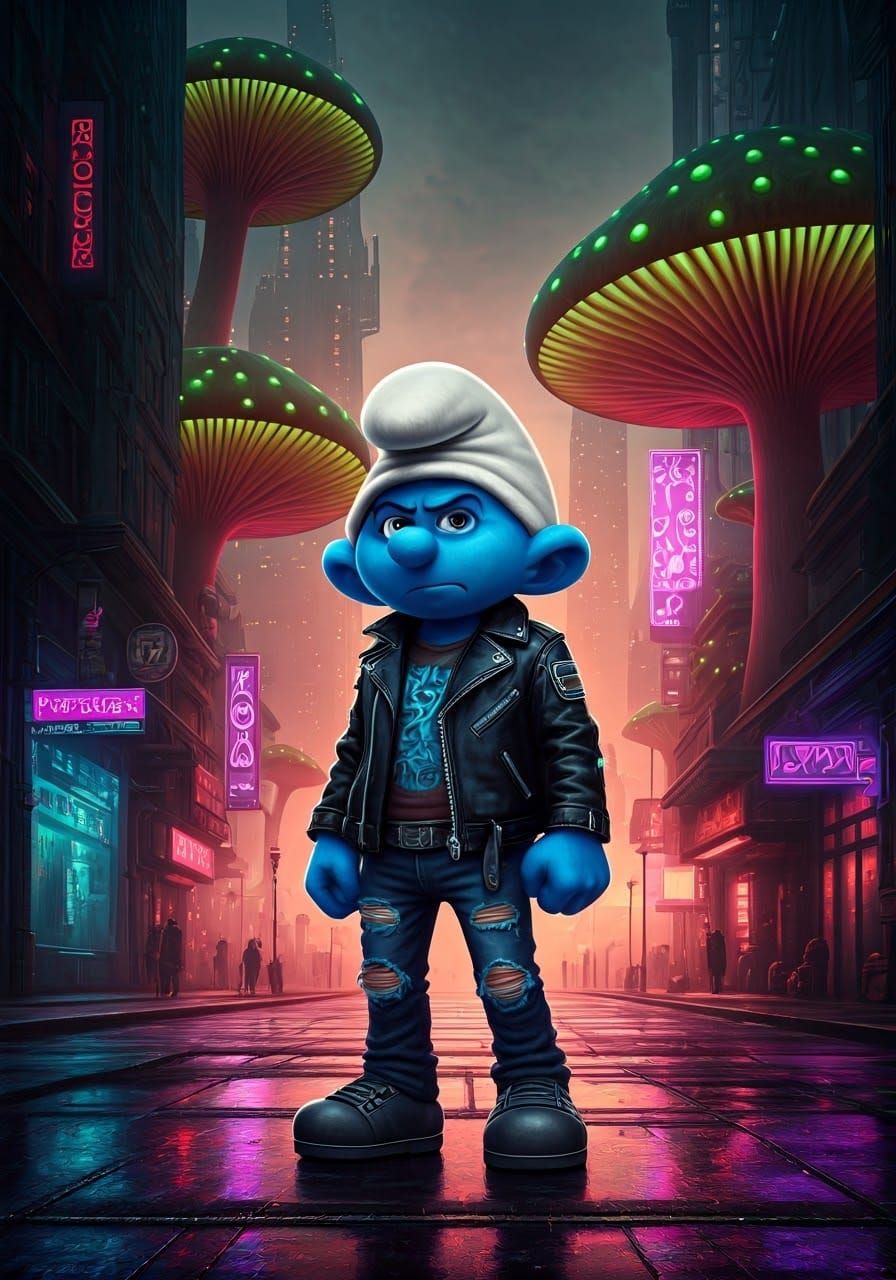 Cyberpunk Smurf in Dystopian Mushroom Cityscape