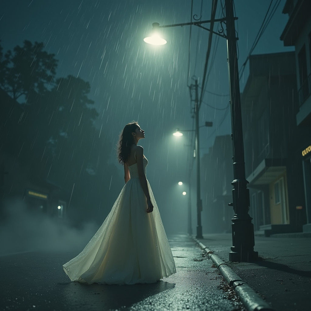 Lone Singer in Rain Soaked City Street