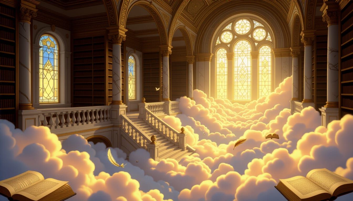 Celestial Library in Clouds, Ethereal Magic