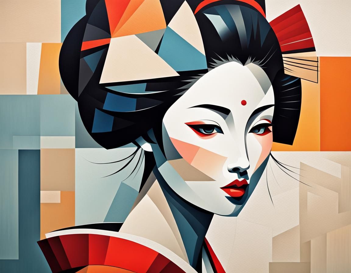 Abstract Cubist Geisha with Minimalist Shapes