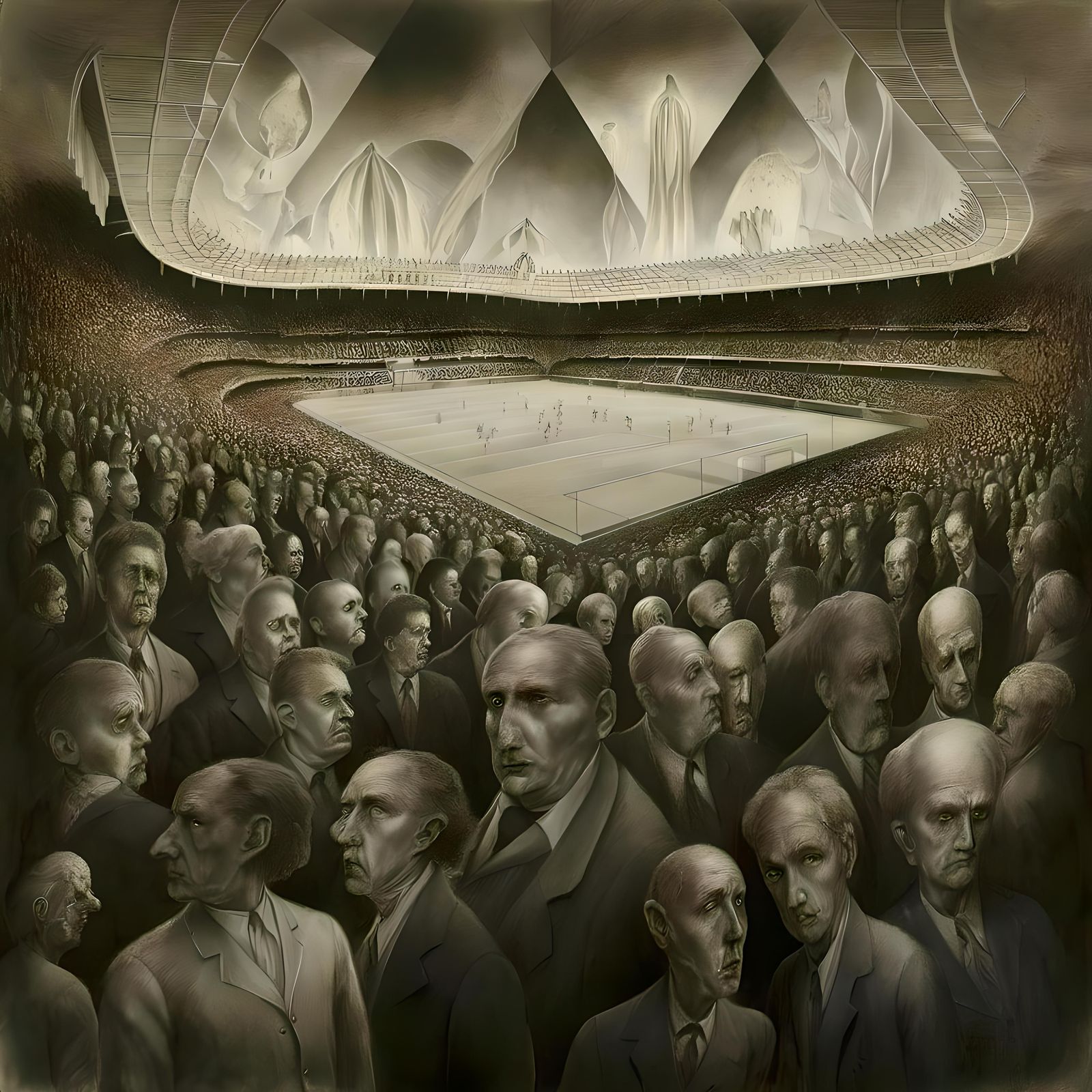 Surreal Stadium Crowd: A Charcoal Drawing in Surrealist Styl...