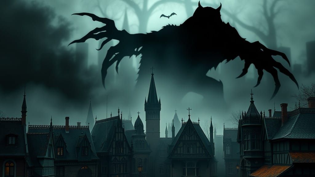 Ominous Shadow Dominates Victorian Townscape in Dark Art Nou...