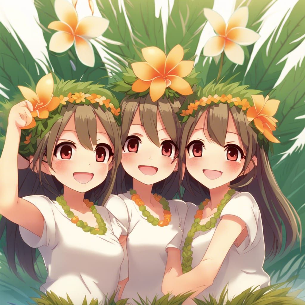Smiling Hula Girls in Anime Art Style