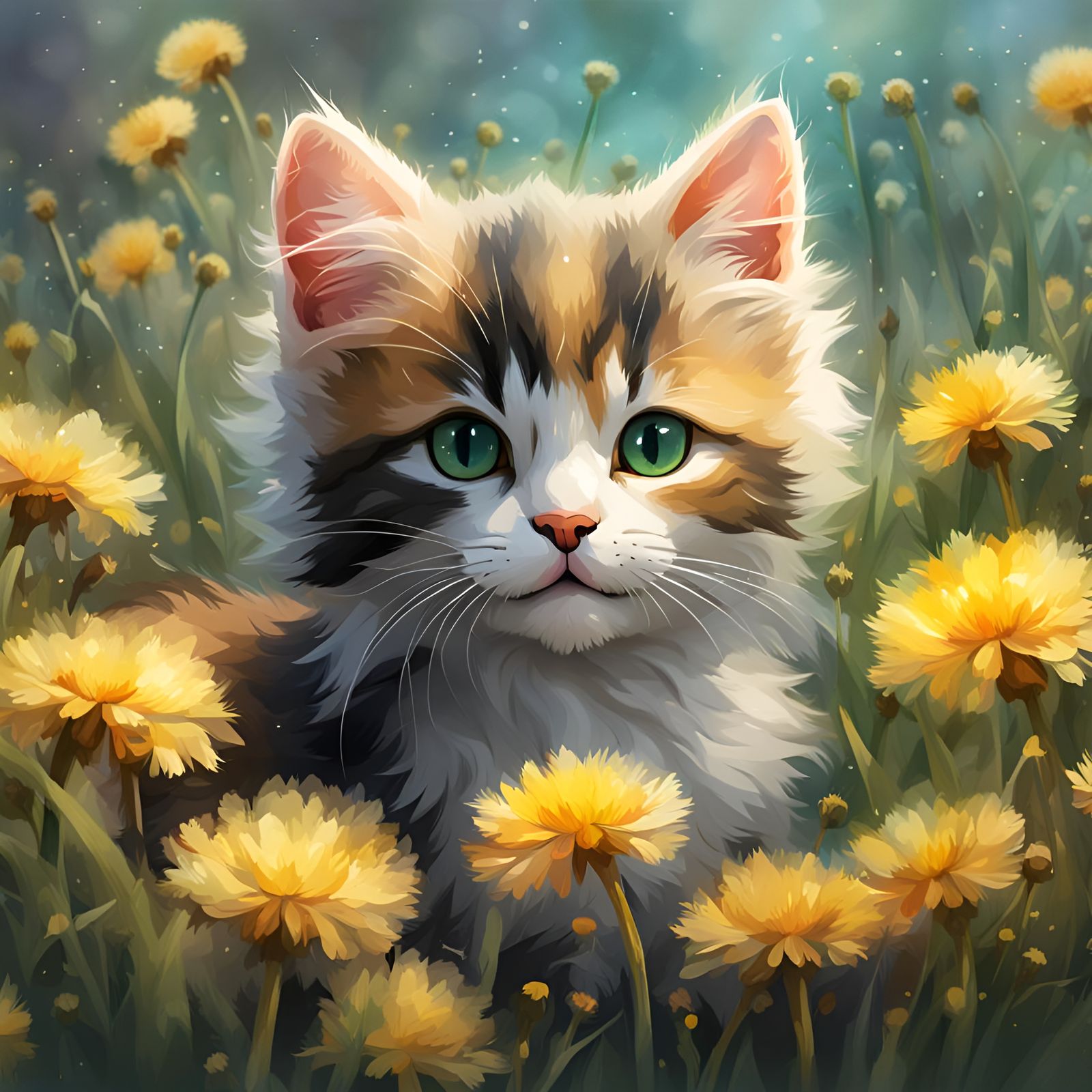 Calico Kitten in Dandelions: Dry Brush Watercolor
