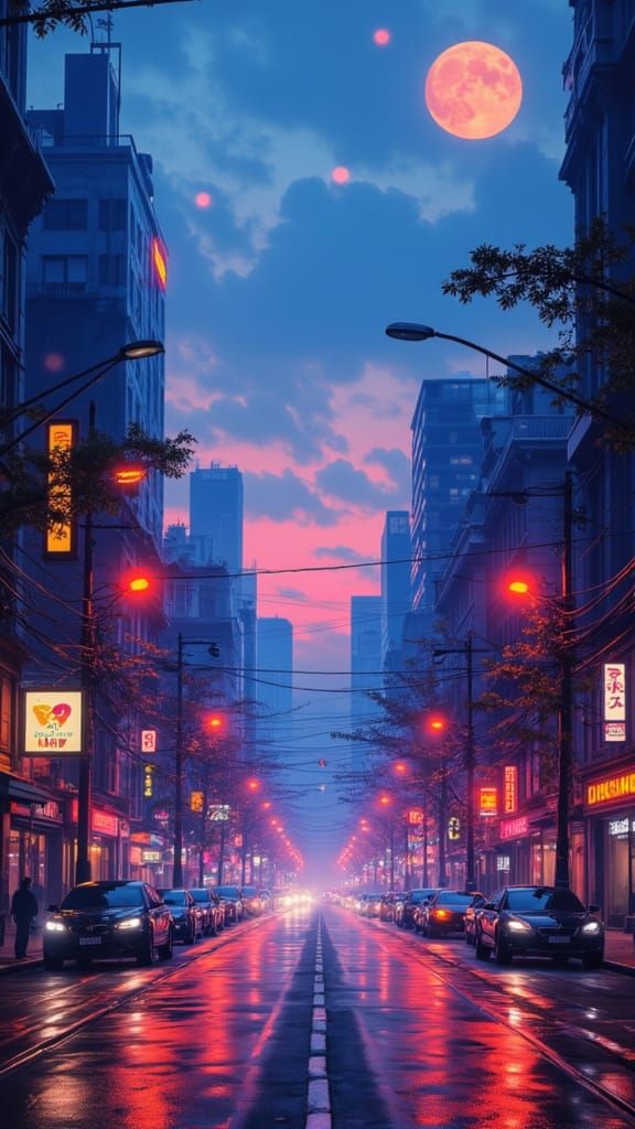 Dreamy Lofi Cityscape at Dusk in Surreal Style