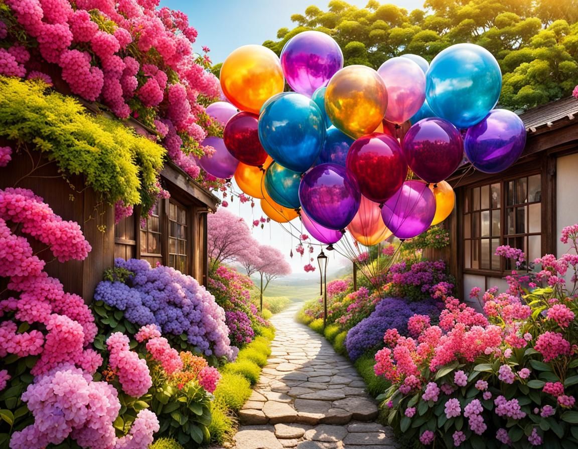 Colorful Garden Scene with Balloons and Blossoms