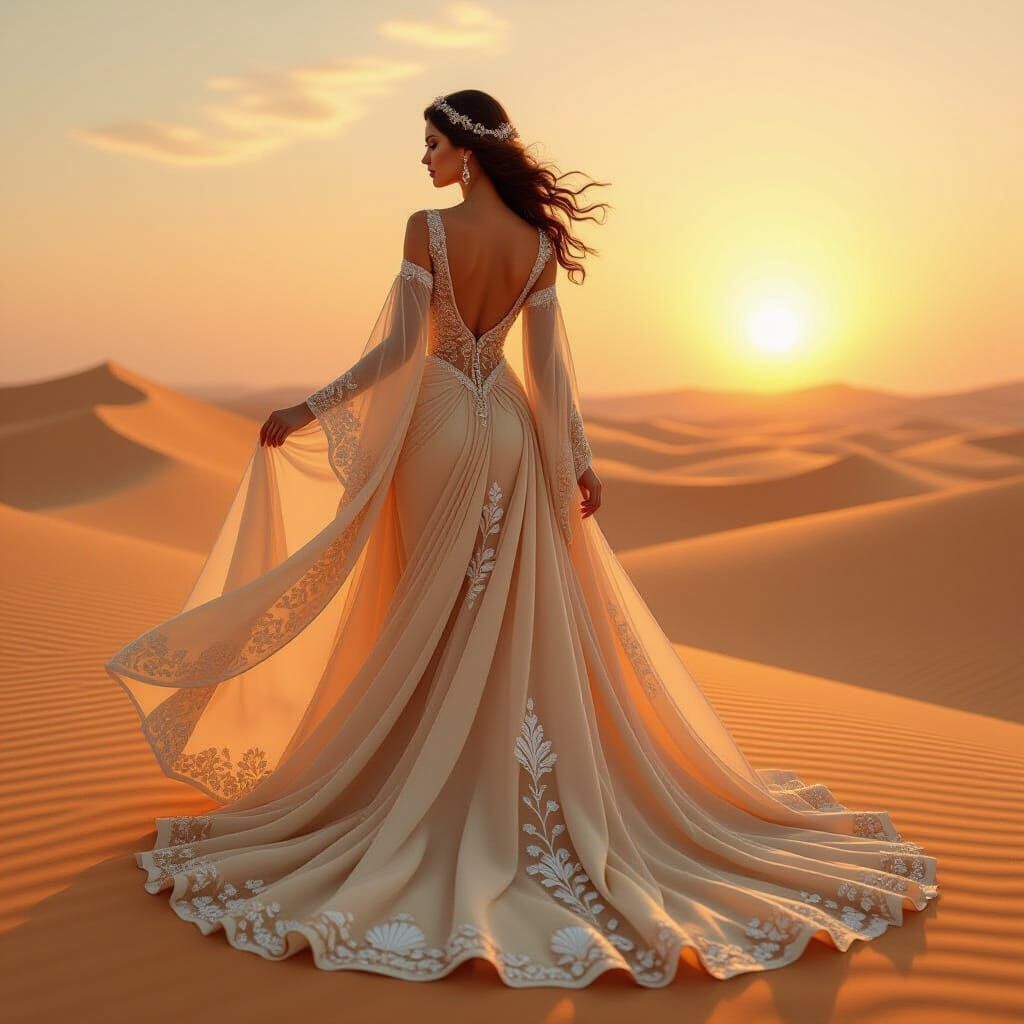 Ethereal Sand Gown with Seashells, Desert Sunset Palette