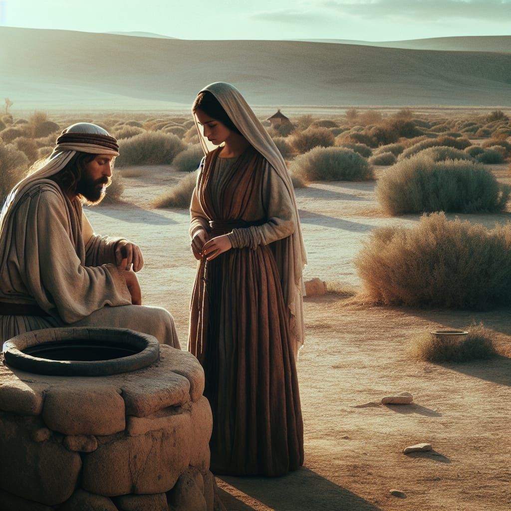 Jesus and Samaritan Woman at Well in Ancient Israel