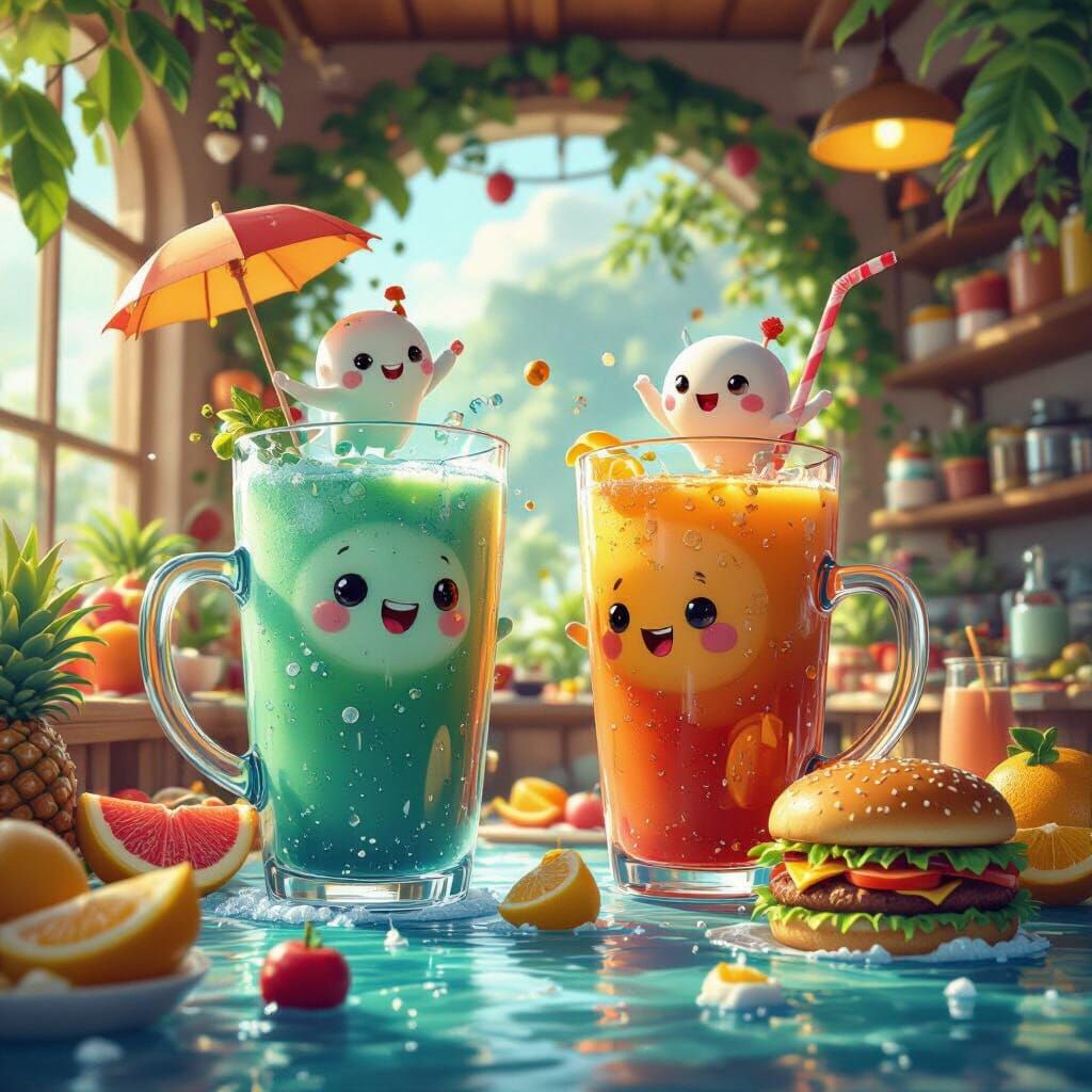 Whimsical Juice Bar Adventure in Detailed Matte Painting Sty...