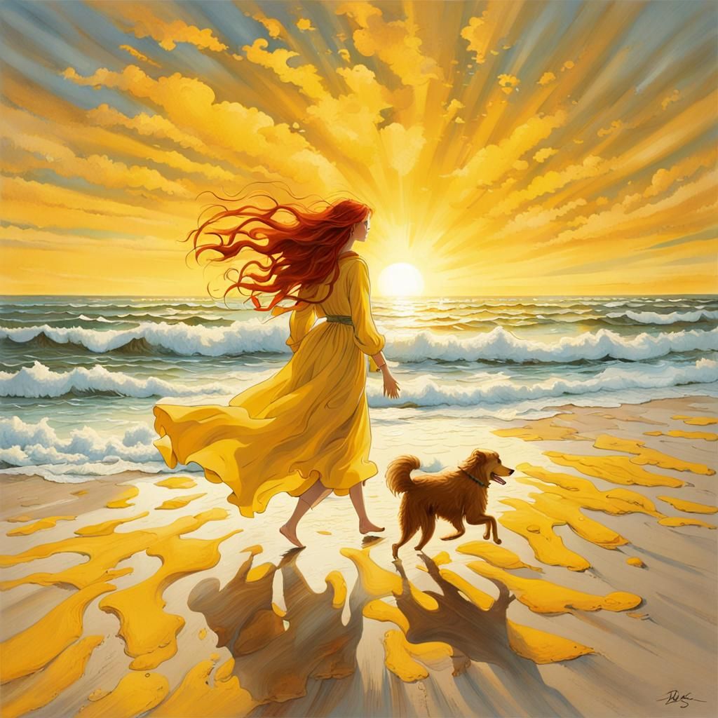 Woman in Yellow Dress Walking on Beach