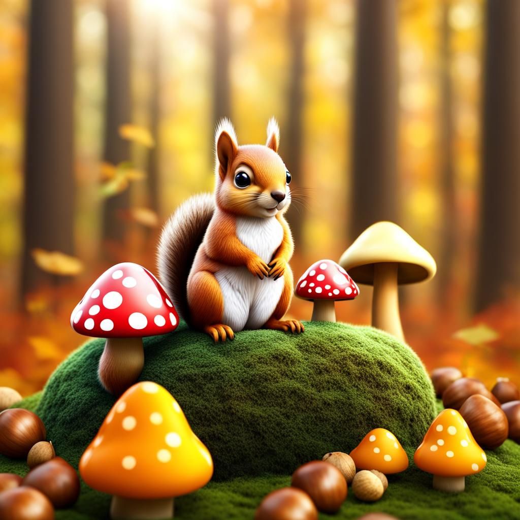 Cute Squirrel on Mushroom in Autumn Forest