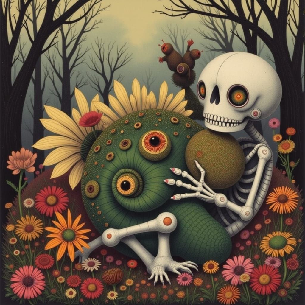 Skeleton Woman Hugging Creature in Surreal Style